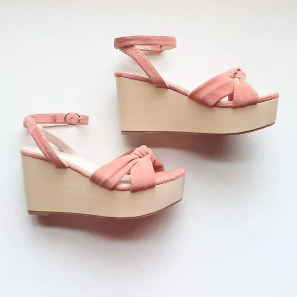 Revolve RAYE Faye Peach Suede Leather Wooden Platform Wedge Ankle Strap Sandals